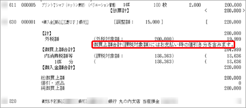 「御買上額合計」に、入金値引き分が含まれていることを説明する文章（返還分差額メッセージ）を、請求書に印字する方法_001.png